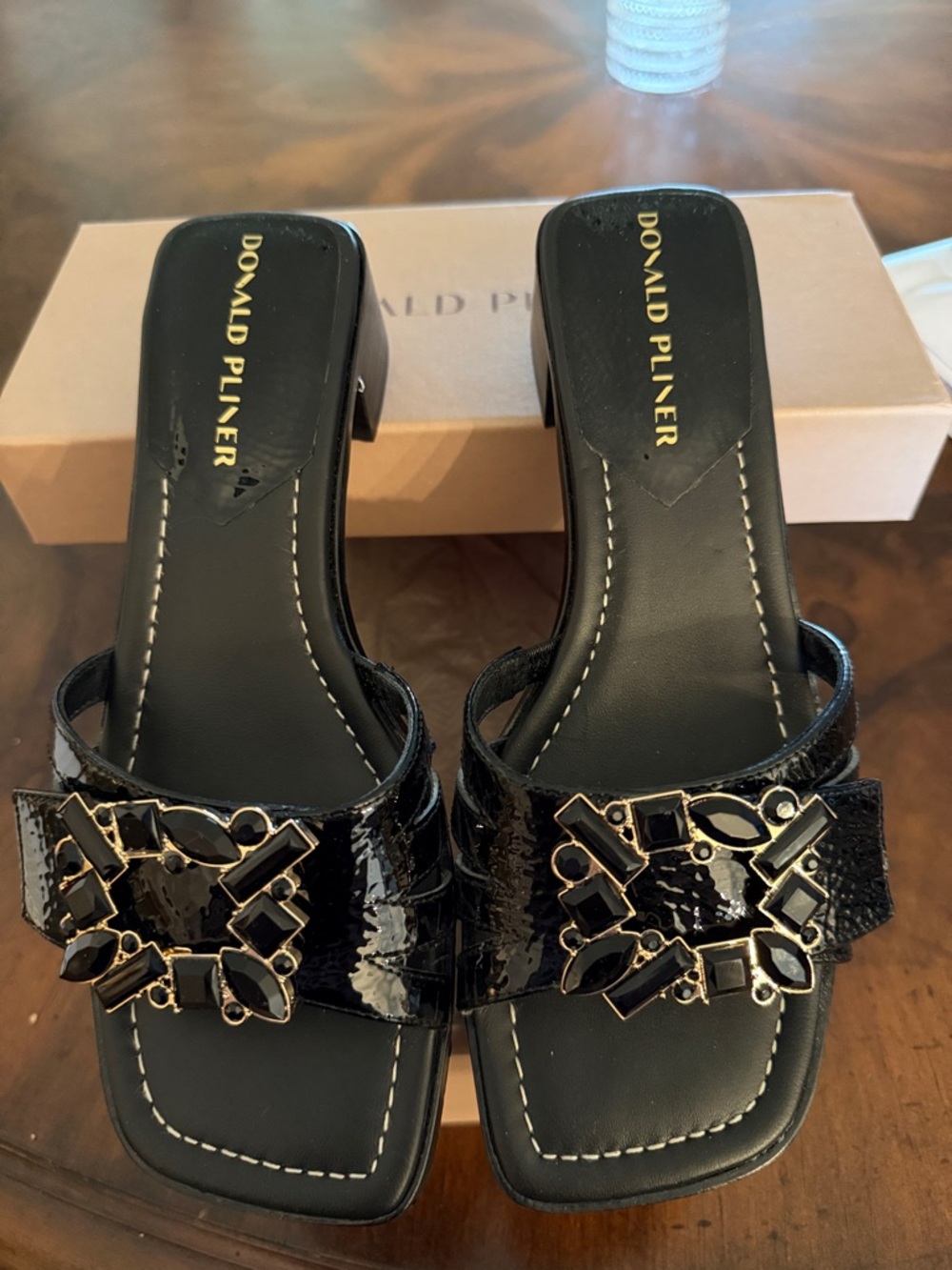 Donald J. Pliner BELLAMY Black Patent Jeweled Slide Mules with Geometric Accent